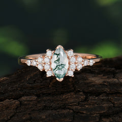 Marquise Cut Vintage Moss Agate Engagement Ring Wedding Ring