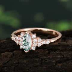 Marquise Cut Vintage Moss Agate Engagement Ring Wedding Ring