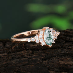Marquise Cut Vintage Moss Agate Engagement Ring Wedding Ring