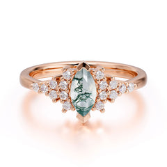 Marquise Cut Vintage Moss Agate Engagement Ring Wedding Ring