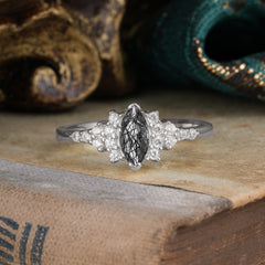 2 Prong Marquise Cut Vintage Black Rutilated Quartz Engagement Ring Wedding Ring