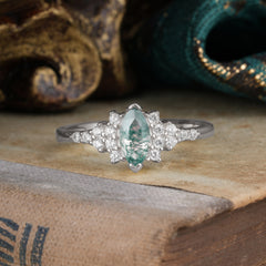 Marquise Cut Vintage Moss Agate Engagement Ring Wedding Ring