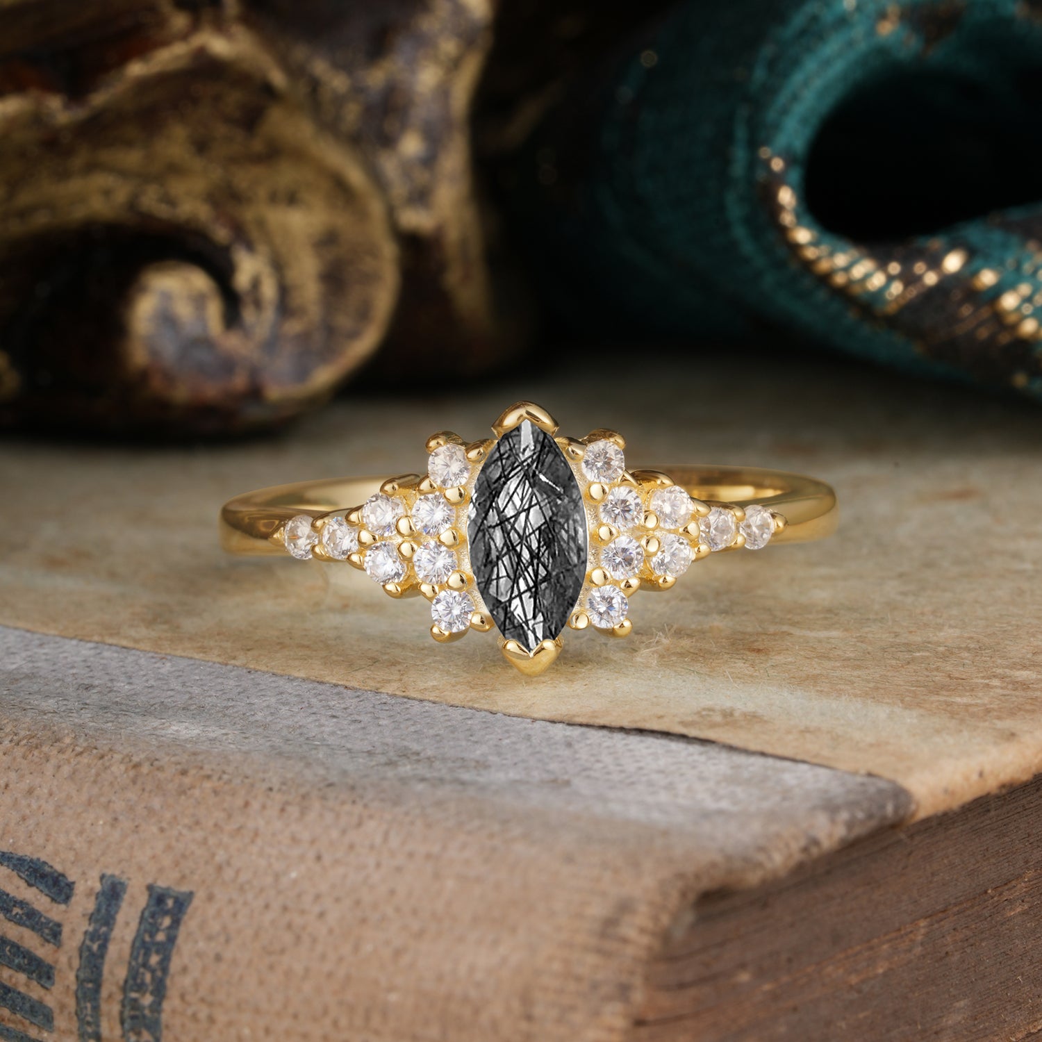 2 Prong Marquise Cut Vintage Black Rutilated Quartz Engagement Ring