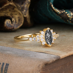 2 Prong Marquise Cut Vintage Black Rutilated Quartz Engagement Ring Wedding Ring