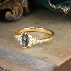 2 Prong Marquise Cut Vintage Black Rutilated Quartz Engagement Ring Wedding Ring