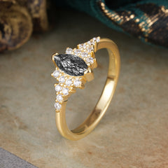 2 Prong Marquise Cut Vintage Black Rutilated Quartz Engagement Ring Wedding Ring