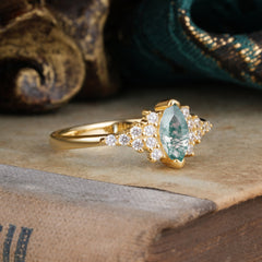 Marquise Cut Vintage Moss Agate Engagement Ring Wedding Ring