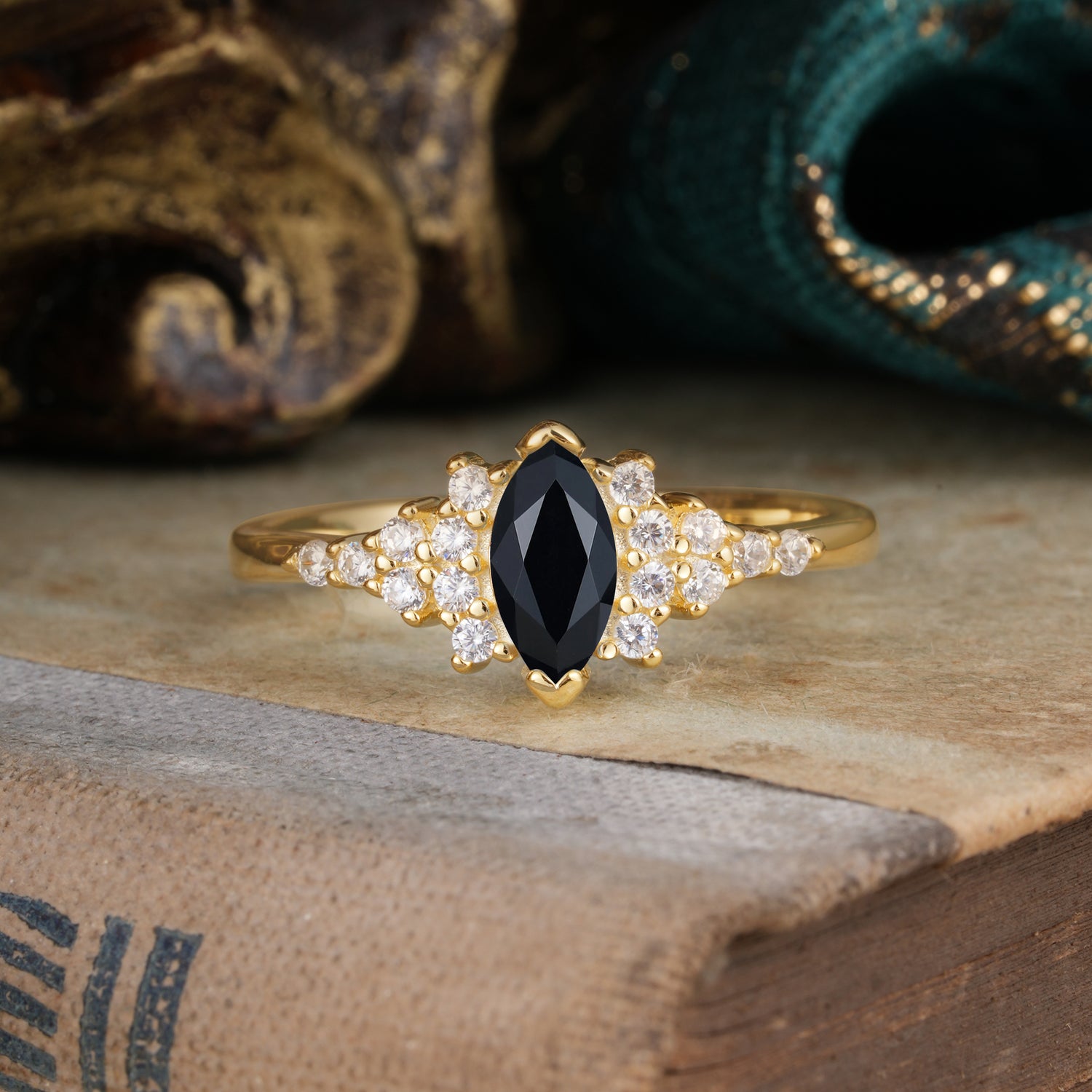 Marquise Cut Vintage Black Onyx Engagement Ring