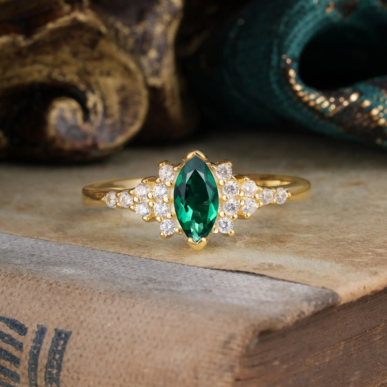 Marquise Cut Vintage Emerald Engagement Ring