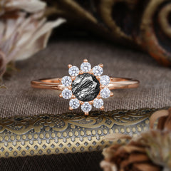 Flower Inspired Unique Cluster Ring Round Cut Black Rutilated Quartz Engagement Ring