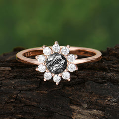 Flower Inspired Unique Cluster Ring Round Cut Black Rutilated Quartz Engagement Ring