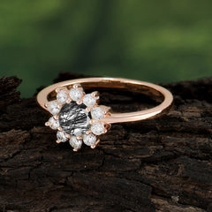 Flower Inspired Unique Cluster Ring Round Cut Black Rutilated Quartz Engagement Ring