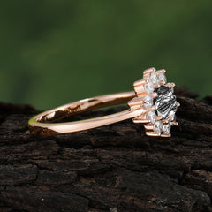 Flower Inspired Unique Cluster Ring Round Cut Black Rutilated Quartz Engagement Ring