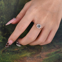 Flower Inspired Unique Cluster Ring Round Cut Black Rutilated Quartz Engagement Ring
