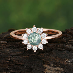 Flower Inspired Unique Cluster Ring Round Cut Moss Agate Engagement Ring