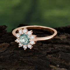 Flower Inspired Unique Cluster Ring Round Cut Moss Agate Engagement Ring