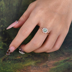 Flower Inspired Unique Cluster Ring Round Cut Moss Agate Engagement Ring