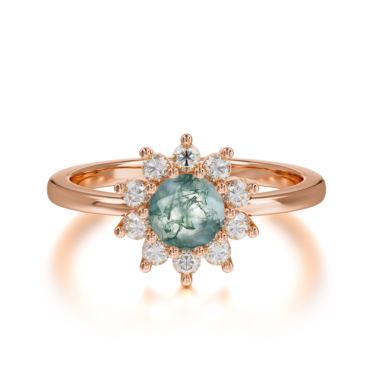 Flower Inspired Unique Cluster Ring Round Cut Moss Agate Engagement Ring