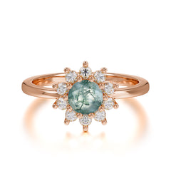 Flower Inspired Unique Cluster Ring Round Cut Moss Agate Engagement Ring