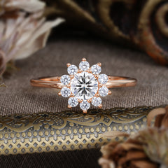 Flower Inspired Unique Cluster Ring Round Cut Lab Diamond Engagement Ring