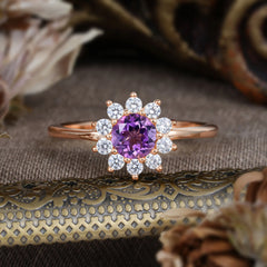 Flower Inspired Unique Cluster Ring Round Cut Amethyst Engagement Ring