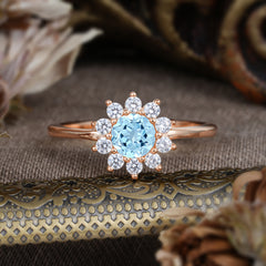 Flower Inspired Unique Cluster Ring Round Cut Aquamarine Engagement Ring