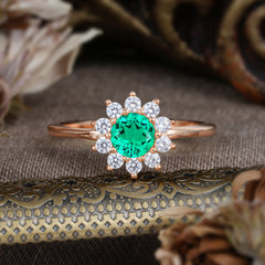 Flower Inspired Unique Cluster Ring Round Cut Emerald Engagement Ring