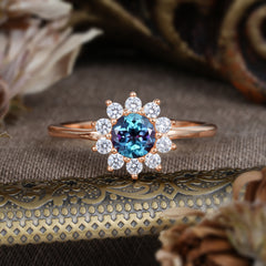 Flower Inspired Unique Cluster Ring Round Cut Alexandrite Engagement Ring