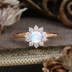 Flower Inspired Unique Cluster Ring Round Cut Natural Moonstone Engagement Ring