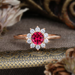 Flower Inspired Unique Cluster Ring Round Cut Ruby Engagement Ring