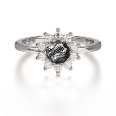 Flower Inspired Unique Cluster Ring Round Cut Black Rutilated Quartz Engagement Ring