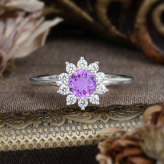 Flower Inspired Unique Cluster Ring Round Cut Amethyst Engagement Ring