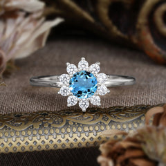 Flower Inspired Unique Cluster Ring Round Cut Aquamarine Engagement Ring