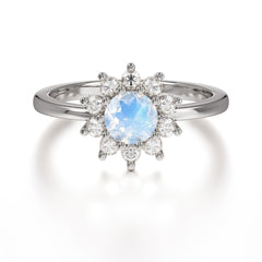 Flower Inspired Unique Cluster Ring Round Cut Moonstone Engagement Ring