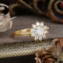 Flower Inspired Unique Cluster Ring Round Cut Moissanite Engagement Ring