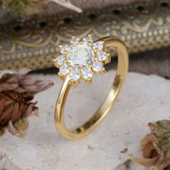 Flower Inspired Unique Cluster Ring Round Cut Moissanite Engagement Ring