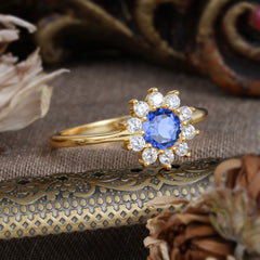 Flower Inspired Unique Cluster Ring Round Cut Sapphire Engagement Ring
