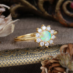 Flower Inspired Unique Cluster Ring Round Cut Opal Engagement Ring