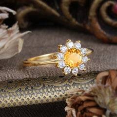 Flower Inspired Unique Cluster Ring Round Cut Citrine Engagement Ring