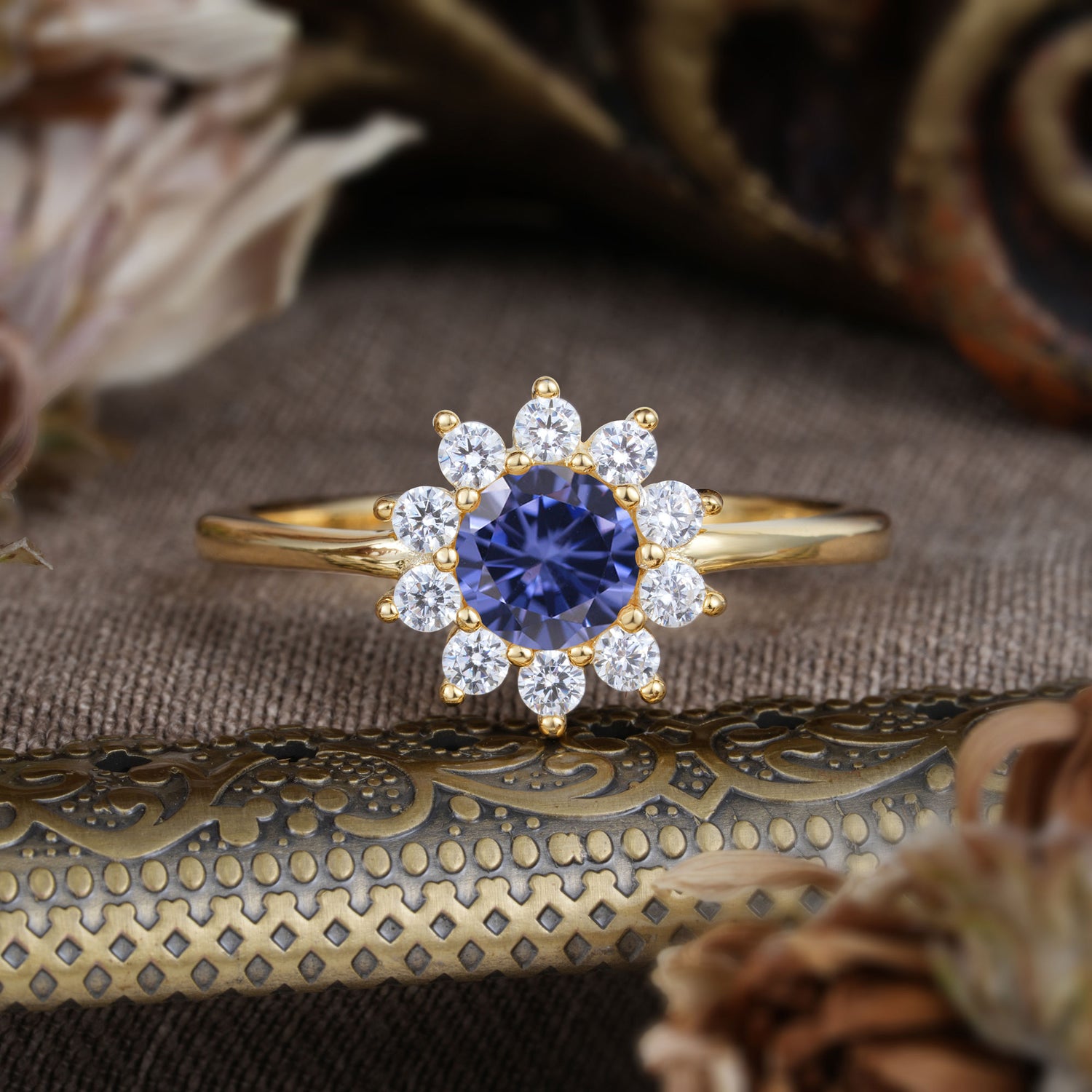 Flower Inspired Unique Cluster Ring Round Cut Tanzanite Engagement Ring - Romalar Jewelry