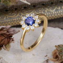 Flower Inspired Unique Cluster Ring Round Cut Tanzanite Engagement Ring