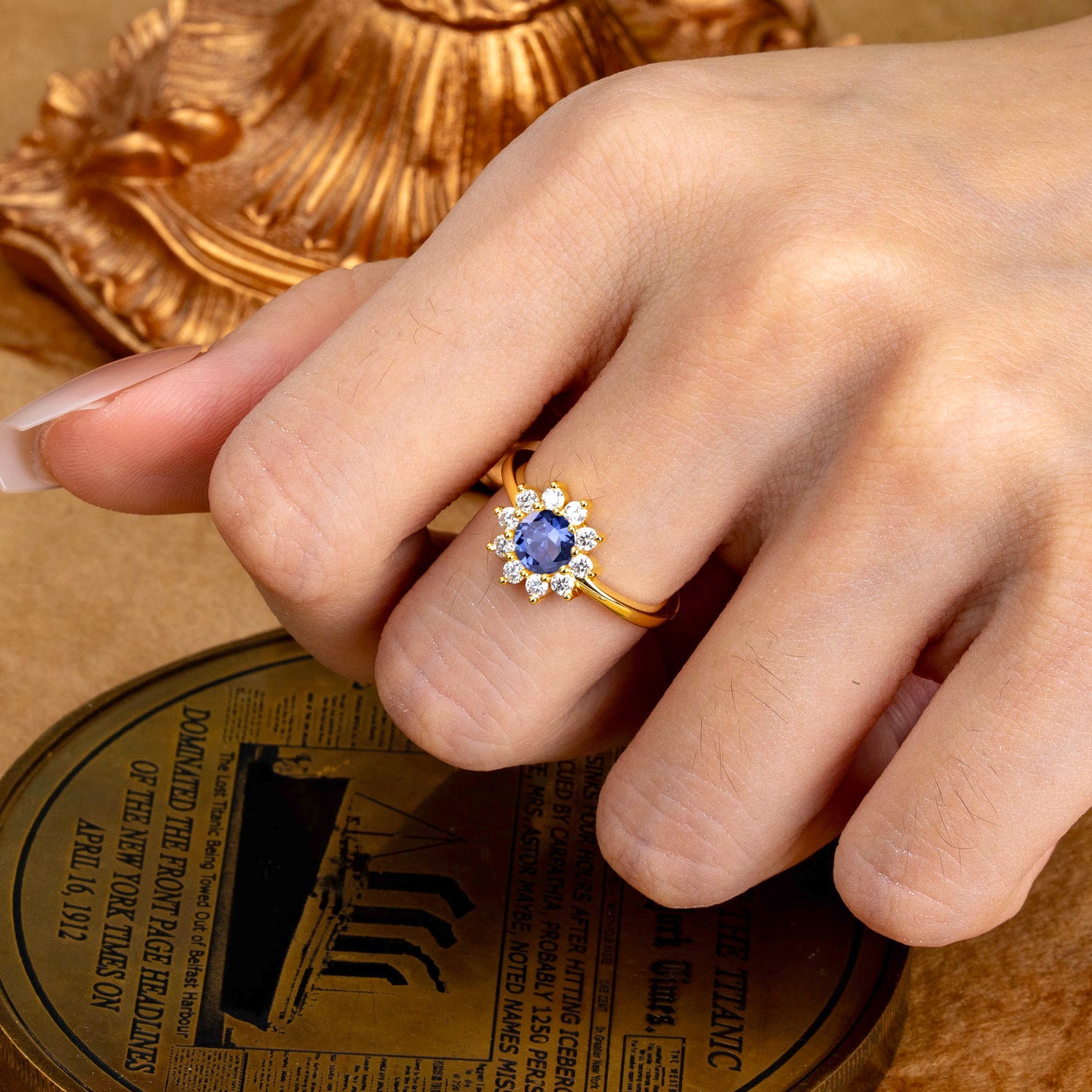 Flower Inspired Unique Cluster Ring Round Cut Tanzanite Engagement Ring - Romalar Jewelry