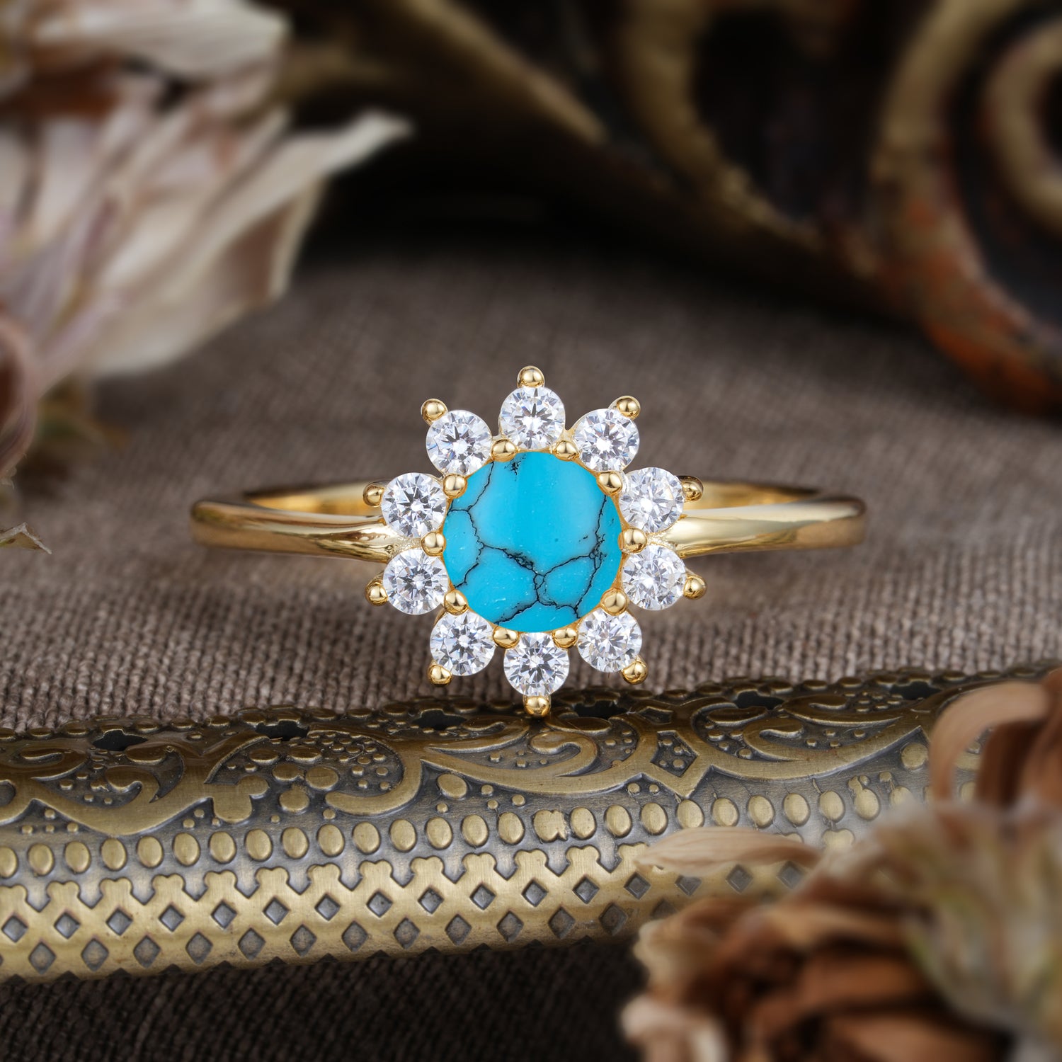 Flower Inspired Unique Cluster Ring Round Cut Turquoise Engagement Ring