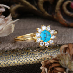 Flower Inspired Unique Cluster Ring Round Cut Turquoise Engagement Ring