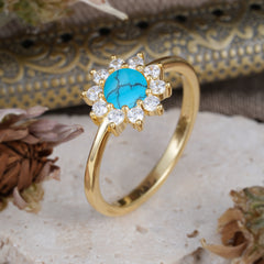 Flower Inspired Unique Cluster Ring Round Cut Turquoise Engagement Ring