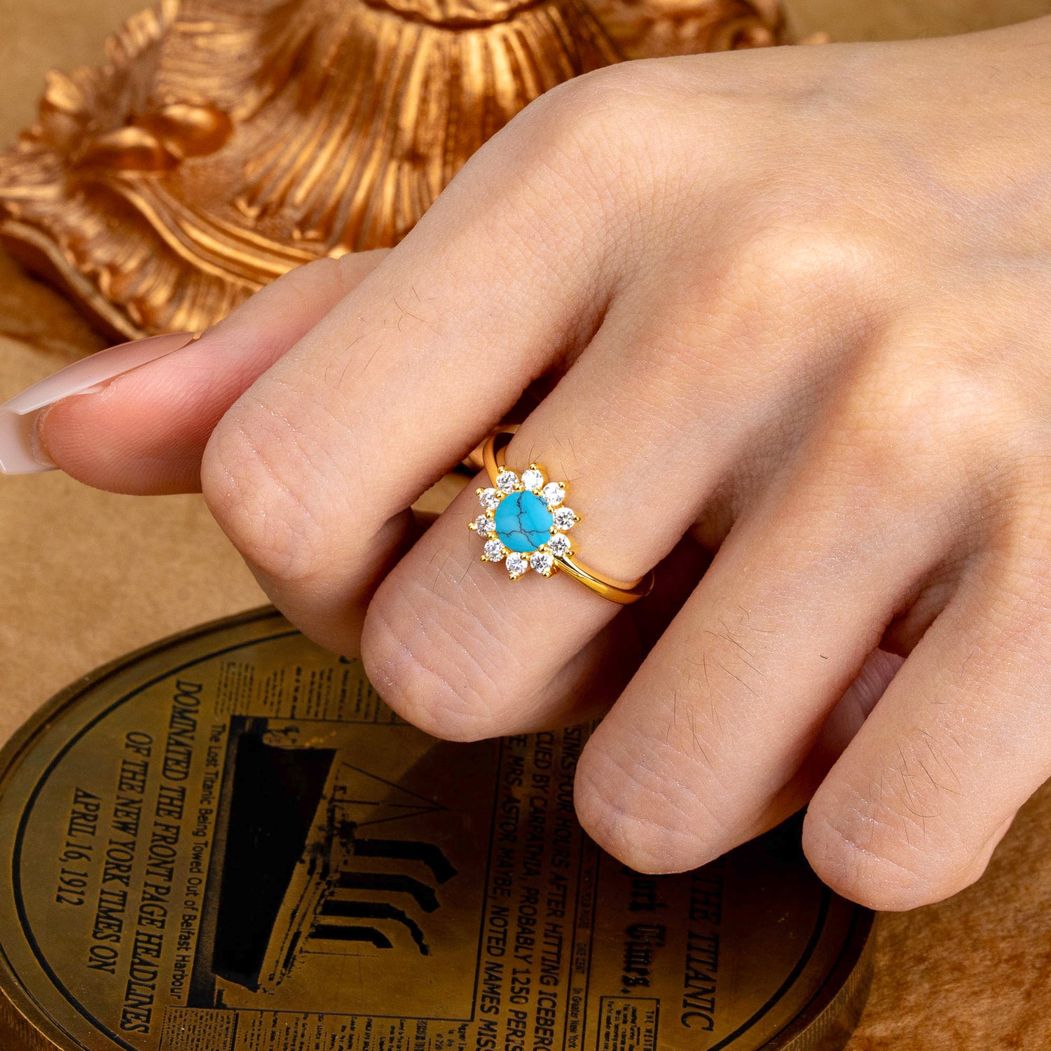 Flower Inspired Unique Cluster Ring Round Cut Turquoise Engagement Ring