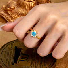 Flower Inspired Unique Cluster Ring Round Cut Turquoise Engagement Ring