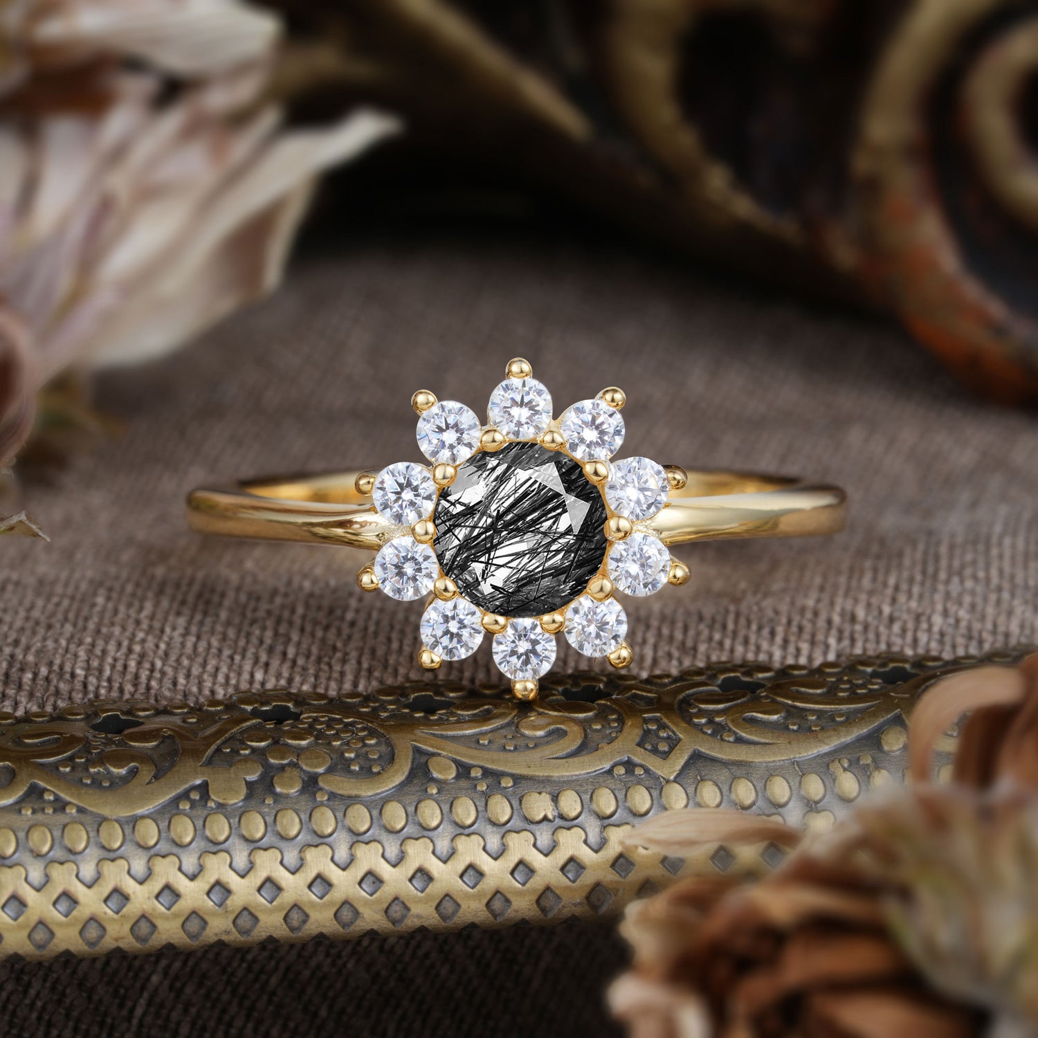 Flower Inspired Unique Cluster Ring Round Cut Black Rutilated Quartz Engagement Ring