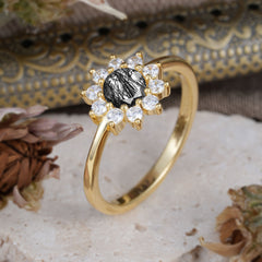 Flower Inspired Unique Cluster Ring Round Cut Black Rutilated Quartz Engagement Ring