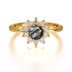 Flower Inspired Unique Cluster Ring Round Cut Black Rutilated Quartz Engagement Ring